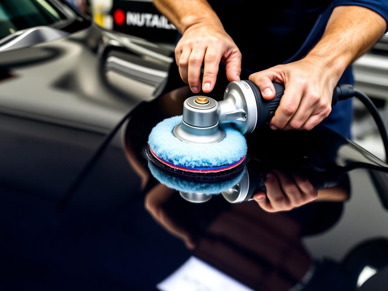 Detailer machine polishing the bonnet of a dark car